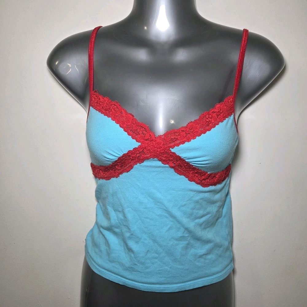 Victoria's Secret Pink Y2K Blue Red Babydoll Lace Trim Cami Tank Top XS Coquette